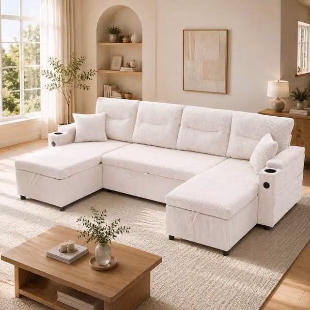 STILVORA 4-Seater L-Shape Corduroy Sofa in Beige with Storage, USB Charging and Cup Holders – 1