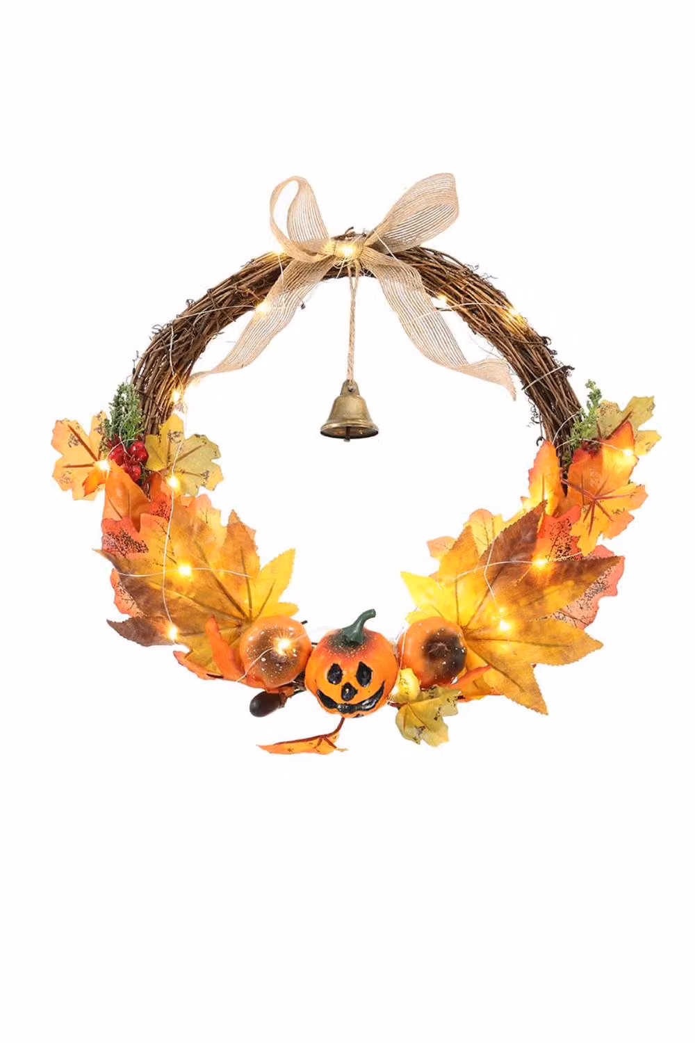 ExtraStar Halloween Pumpkin and Maple Leaf Wreath with Bell Decoration, Multicolour and Orange – 2
