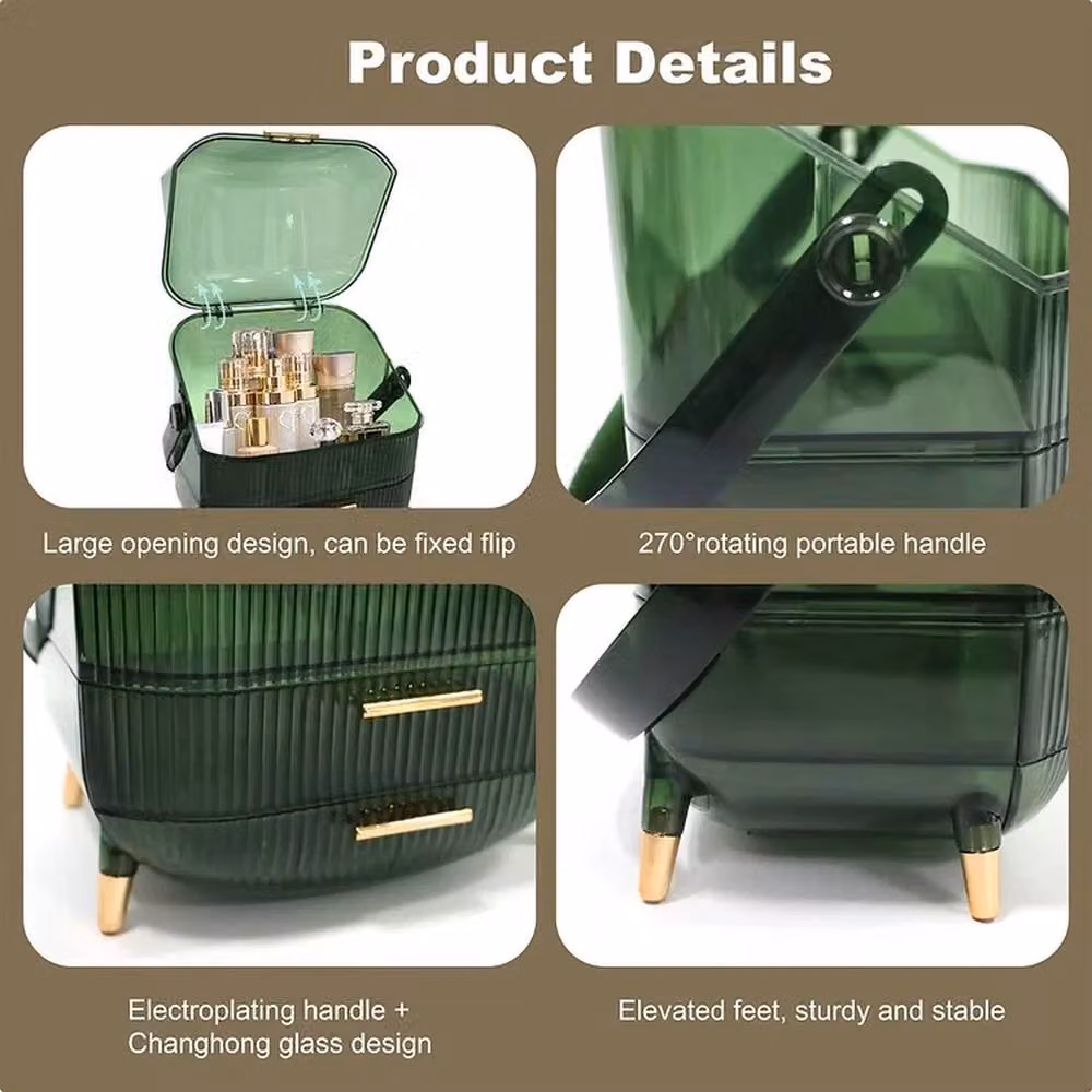VOGREX Portable Compact Makeup Storage Box in Green and Gold with Lid and Handles – 4