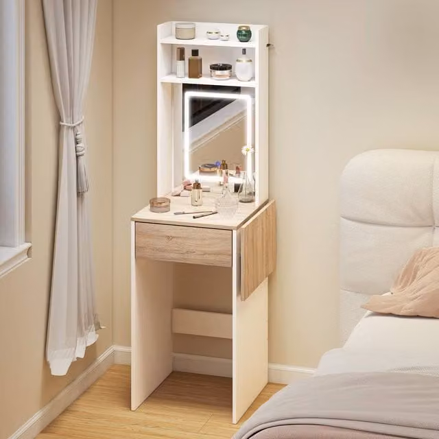HOMCOM Modern Compact Drop Leaf Dressing Table with Hollywood LED Lighted Mirror and Drawer in White – 1
