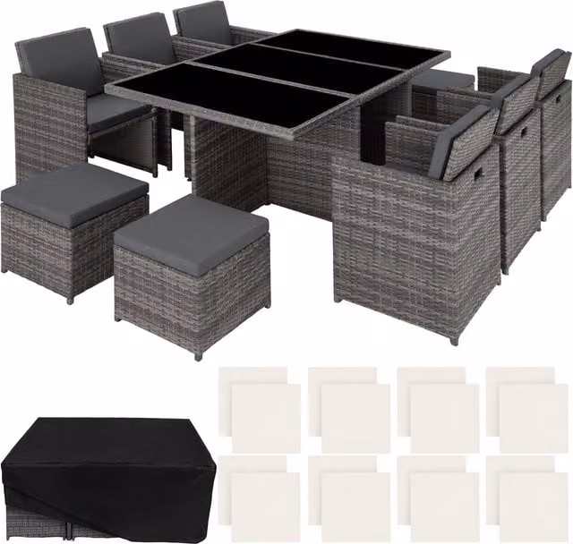tectake New York Modern Rattan Garden Table and Chairs Set with Glass Top in Grey and Beige