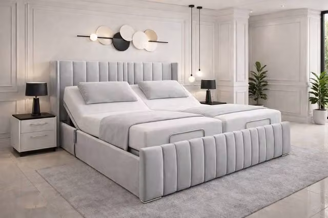 Paradise Beds Ltd Manhattan Wingback Adjustable Mobility Bed with Mattress and Headboard in Silver Grey Velvet, W/D/H: 140 x 200 cm