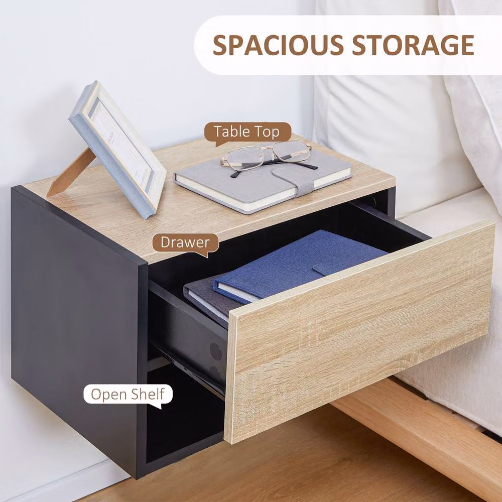 STILVORA Set of 2 Wall-Mounted Bedside Tables with Drawer and Shelf in Black – 6