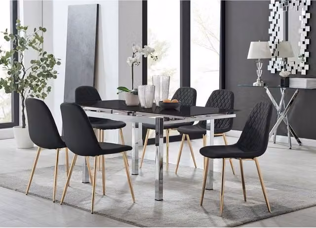 Furniturebox Enna Black Glossy Glass Extending Dining Table and 6 Corona Gold Leg Chairs