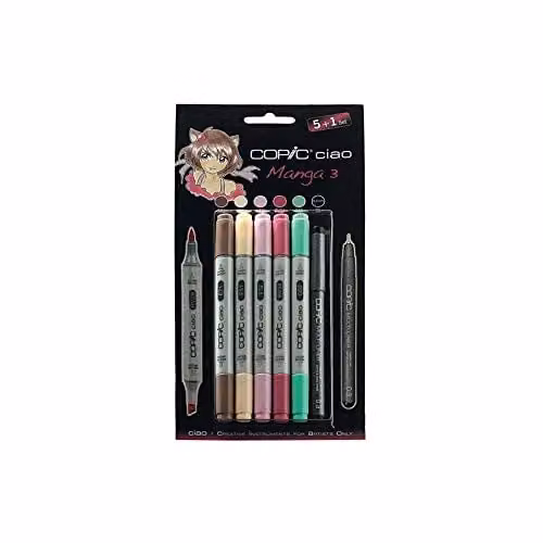 COPIC Ciao Coloured Marker Pen Set Manga 3 with 6 Brush Tip Ink Pens in White, Pink, Green and Multicolour
