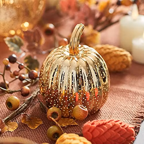 Lights4fun Set of 3 Gold Mottled Glass LED Light Up Pumpkins for Autumn and Halloween Decoration – 5