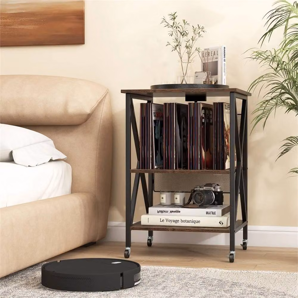 KORVIXA Brown Record Player Stand with Media Compartments, W/D/H: 100 x 100 x 75 cm – 2