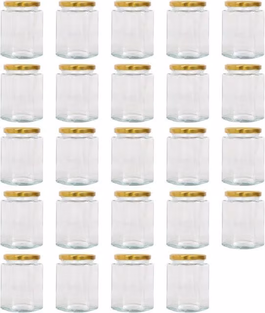 Argon Tableware Hexagonal Glass Jam Jars with Gold Screw-Top Metal Lids, 250ml, Pack of 24