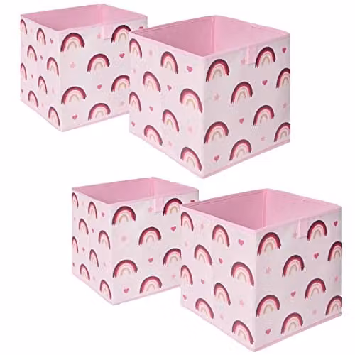 OHS Pack of 4 Rainbow Print Foldable Kids Storage Cube Organisers, Pink and Purple, W/D/H: 27 x 27 x 27 cm – 1
