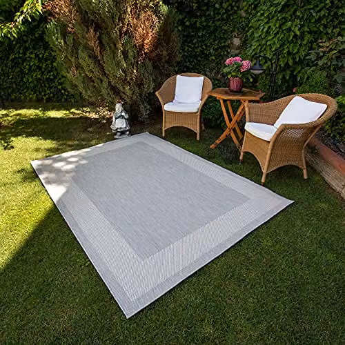 THE RUGS Grey Bordered Indoor and Outdoor Weatherproof Washable Rug, W/D/H: 230 x 160 x 0.3 cm – 4