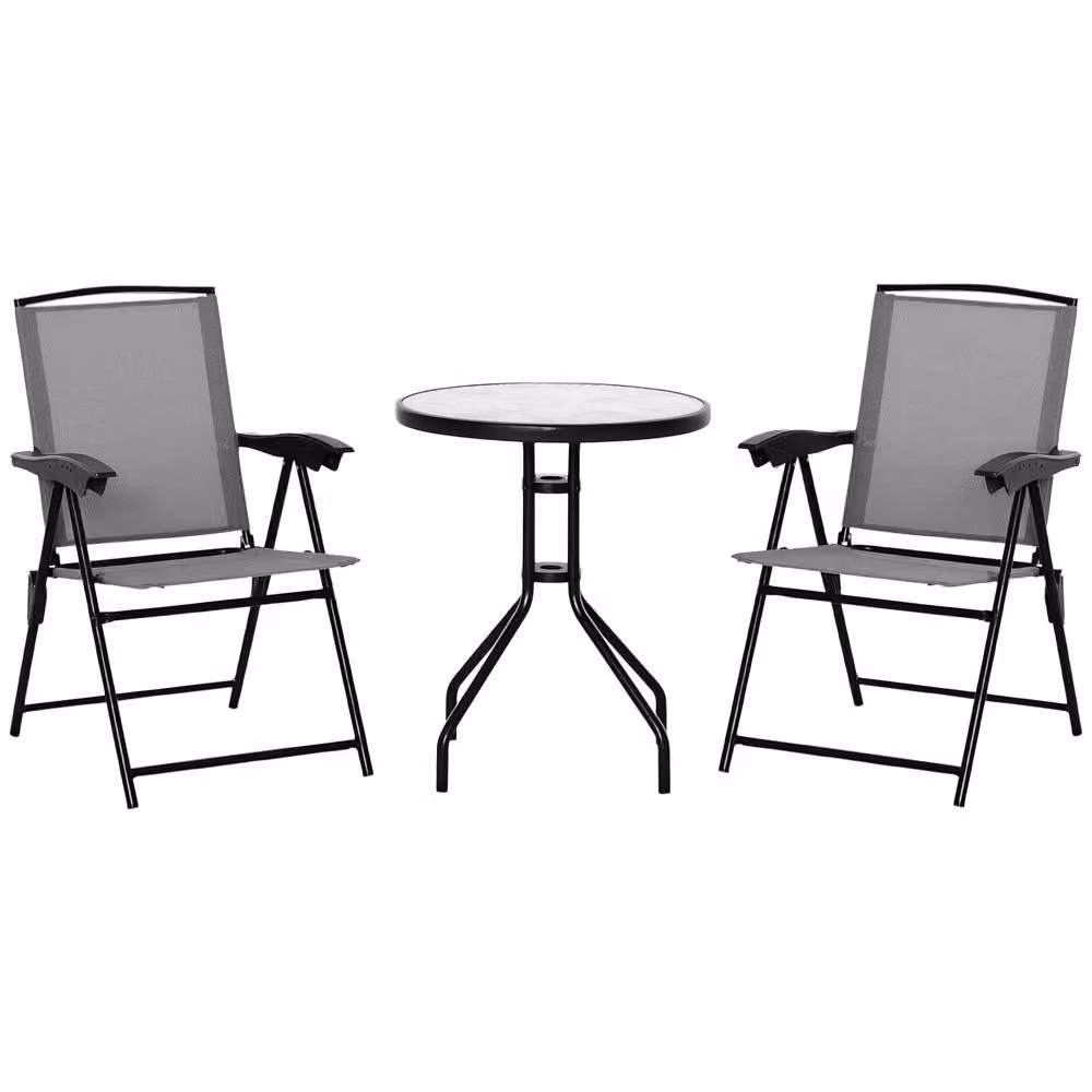 OUTSUNNY 3 Piece Grey Bistro Patio Furniture Set with Round Glass Table and Adjustable Backrest Chairs – 2