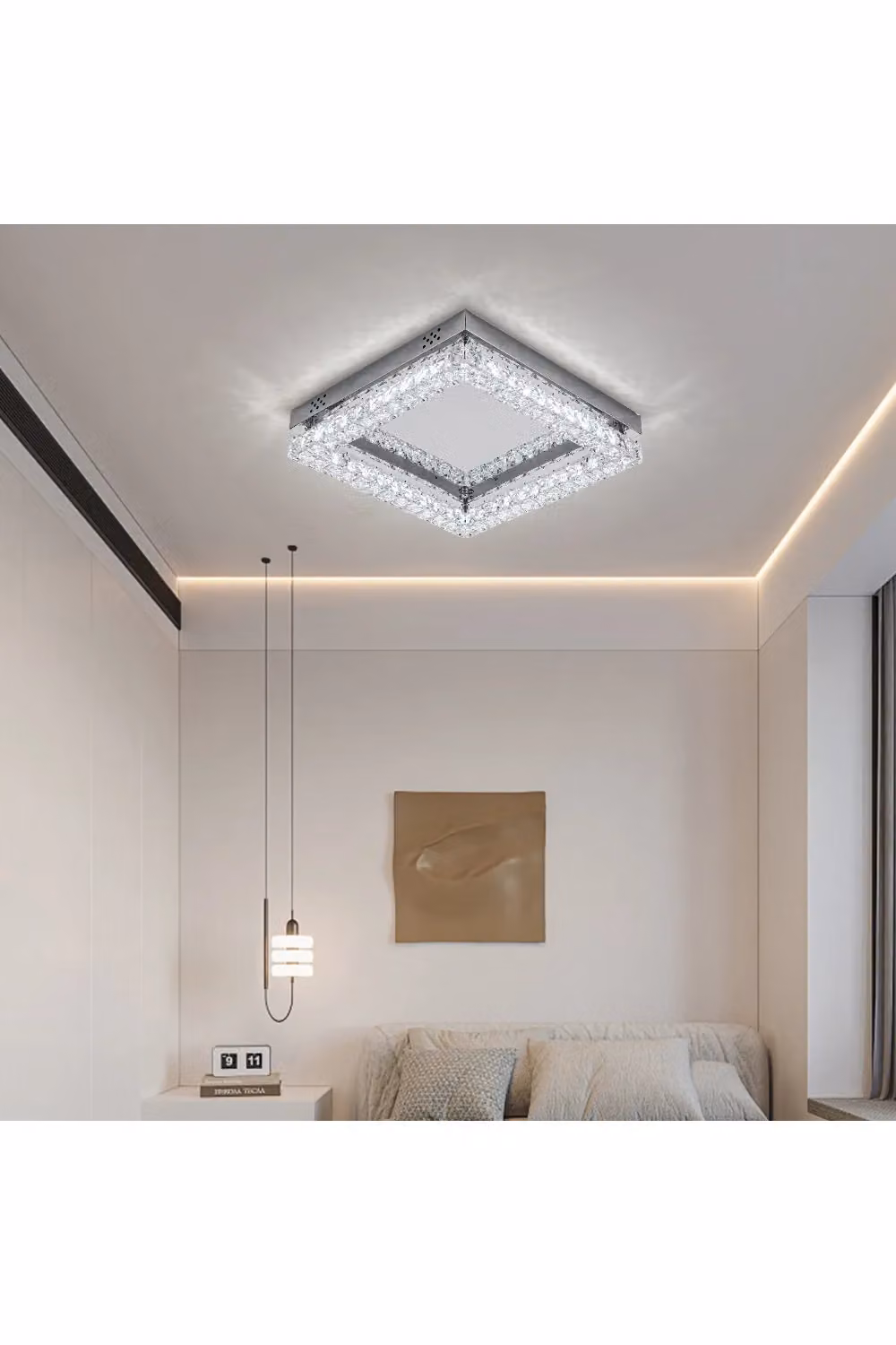 Living and Home Square Crystal LED Ceiling Light in Silver and Transparent – 2