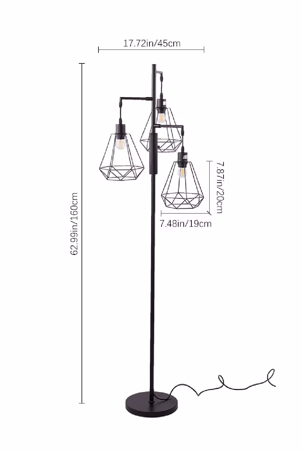 Living and Home Modern Industrial Black 3-Head Metal Floor Lamp with Diamond Cage Shade – 3