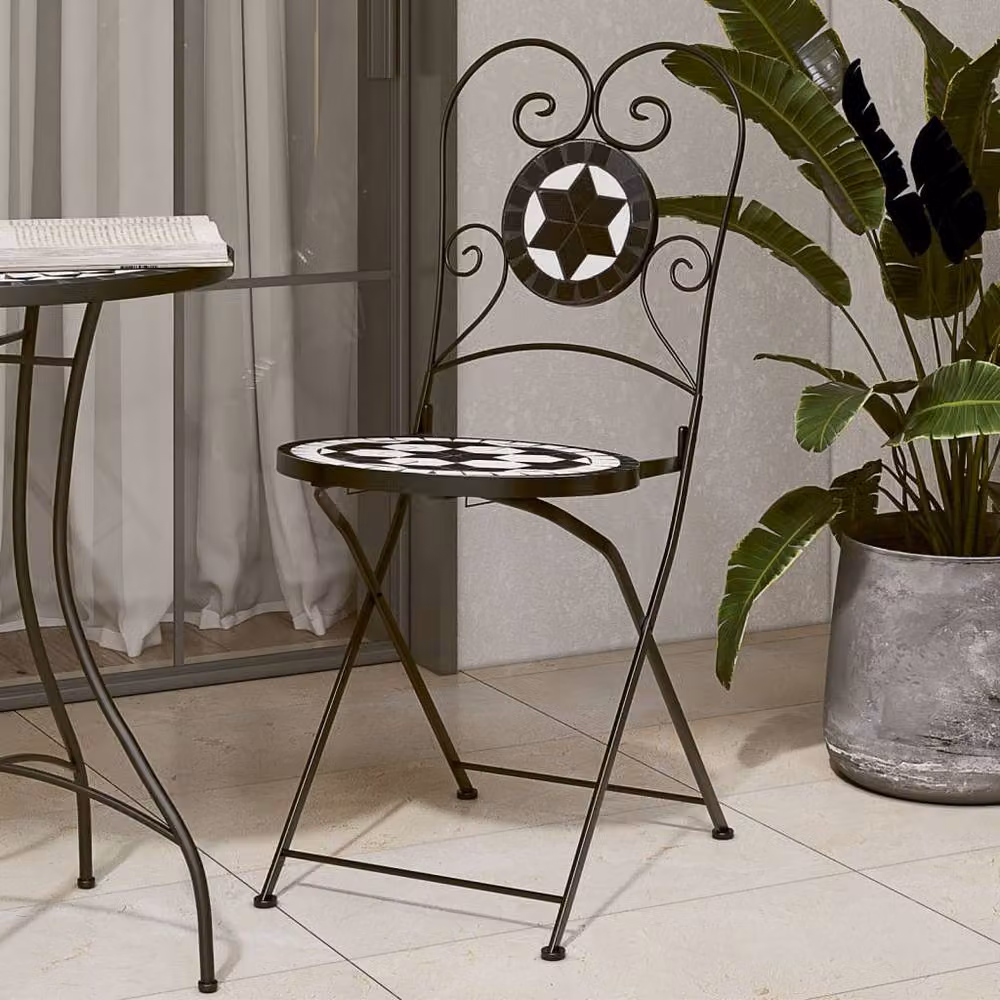 Berkfield Home Bistro Chairs Set of 2 Foldable Black and White Geometric Ceramic and Metal Chairs – 2