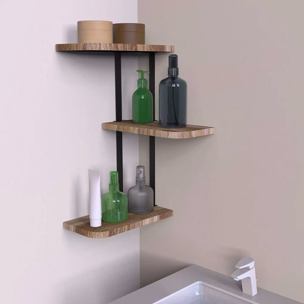 ERGOVEXA Corner Floating Wall Shelves, Brown Wood and Metal Storage Racks – 3