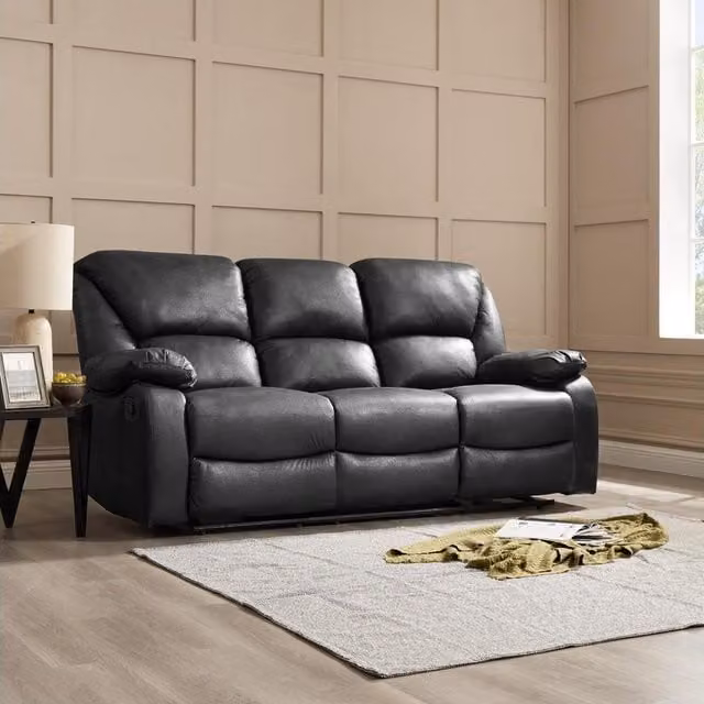 Home Detail Enoch 3 Seater Manual Recliner Sofa in Black Faux Leather W/D/H: 206 x 97 x 104 cm