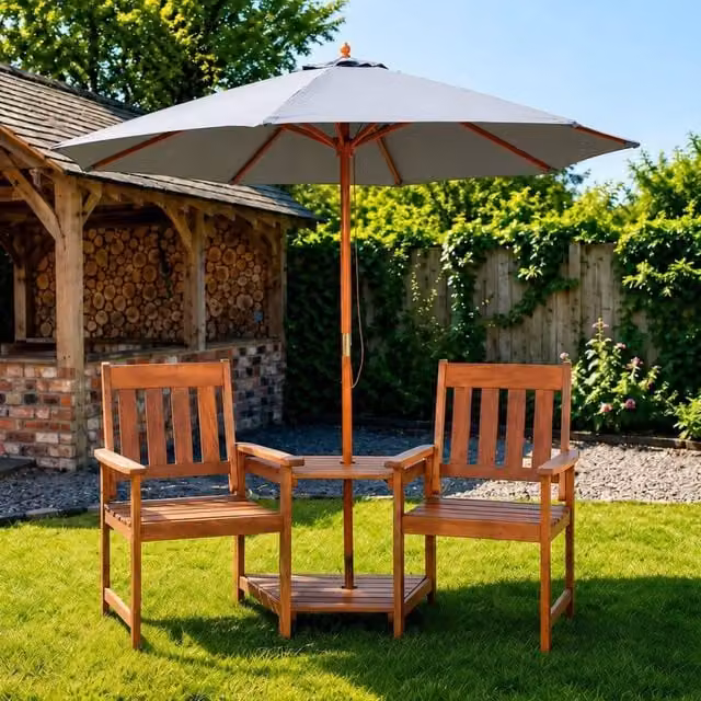 Samuel Alexander Rydal 2 Seater Brown Wooden Love Seat and 2.7m Grey Parasol Set