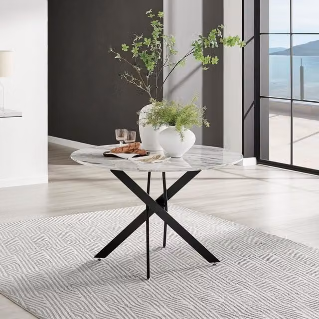 FurnitureboxUK Novara 120cm Round 6-Seater Dining Table with White Composite Top and Black Metal Legs