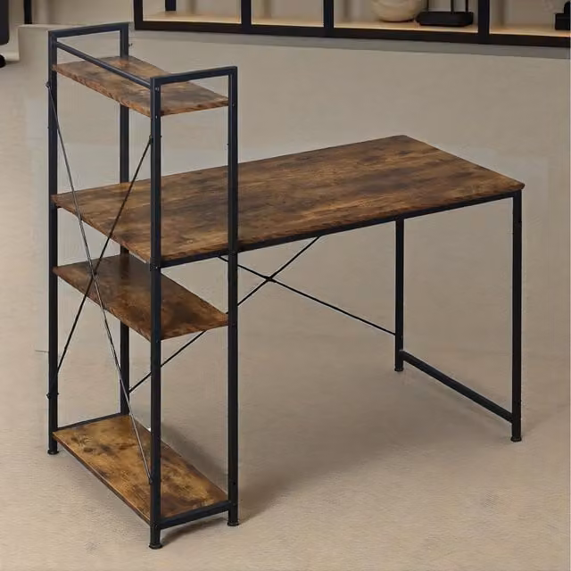 Pirlo Plush Industrial 4 Tier Computer Desk with Shelves in Brown