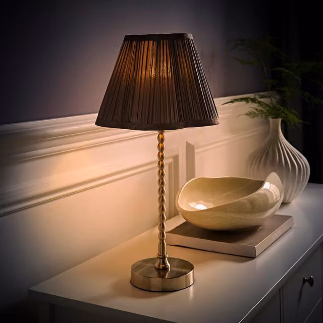 Maeve Brushed Chrome Bobble Table Lamp with Grey Pleated Scallop Fabric Shade and LED Bulb
