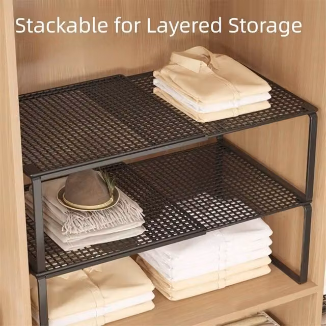 FLAVORA Black L-Expandable Closet Organizer Shelf Storage Rack with Adjustable Metal Shelves