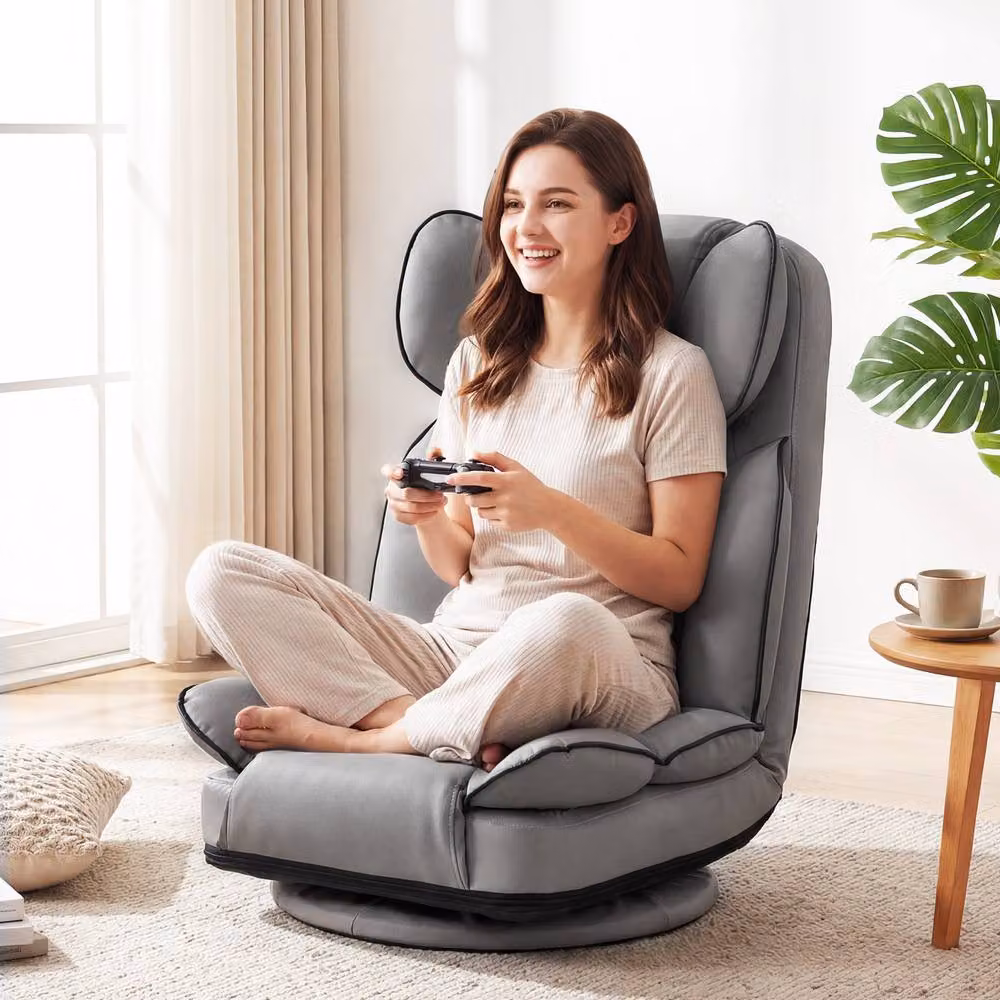 Gymax 360 Degree Swivel Floor Gaming Chair in Grey with Folding Lazy Lounger Design – 3