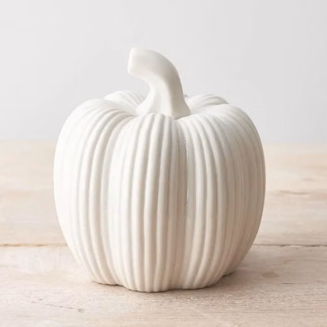 Borewood Ltd Tall Ribbed Ceramic Pumpkins in White for Autumn Tabletop Decor