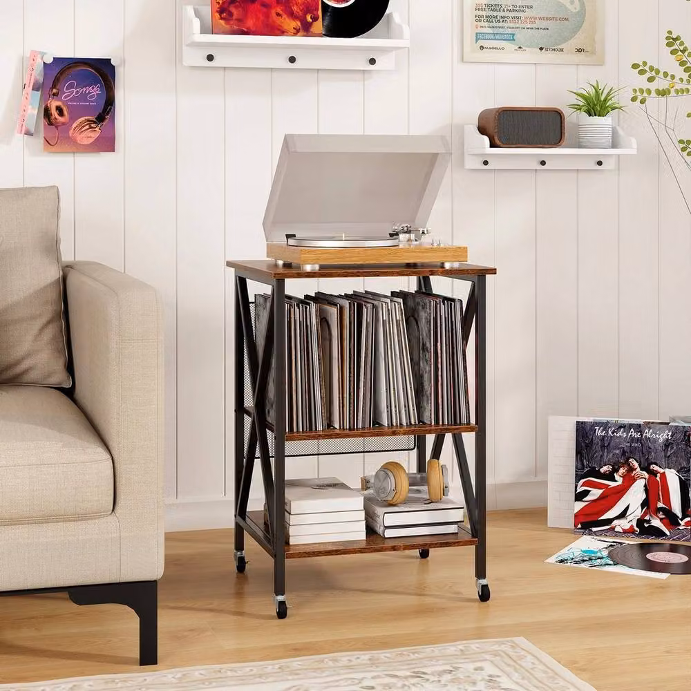 VOGREX Brown Heavy-Duty Metal and Wood Side Table with Divider – 3
