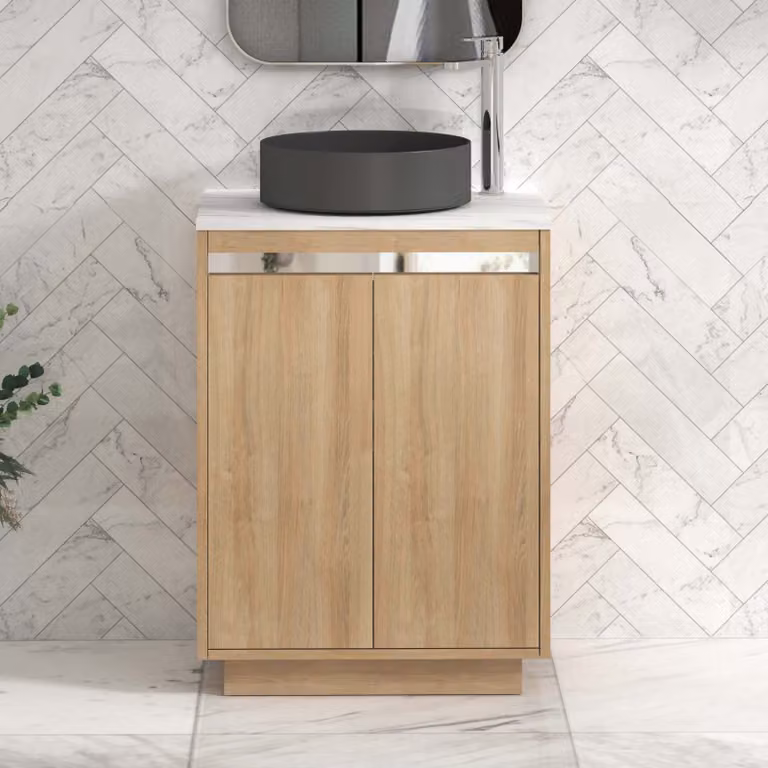 Royal Bathrooms Orion 600mm Natural Oak Floor Standing Countertop Vanity Unit with 2 Soft Close Doors and Art Round Basin
