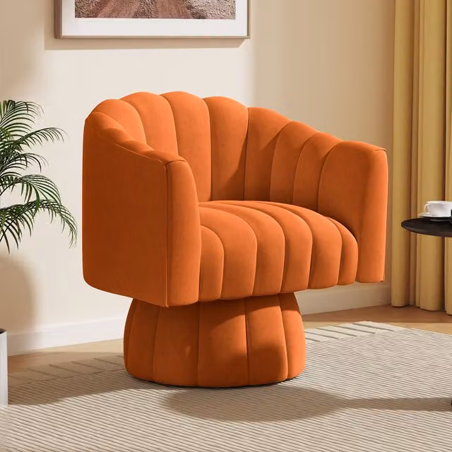 SEYNAR Orange Velvet Swivel Barrel Chair with Round Arms and Upholstered Seat – 1