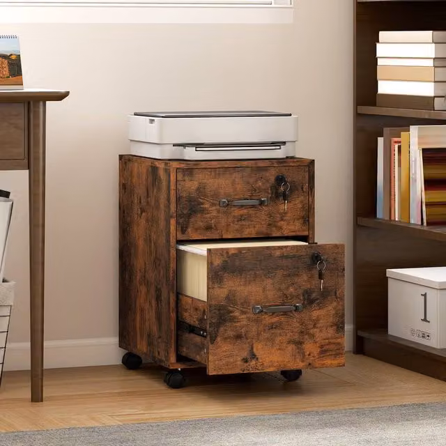 HOMCOM Roll File Cabinet with Drawer and Castors, Rustic Brown Organiser for Home or Office – 1