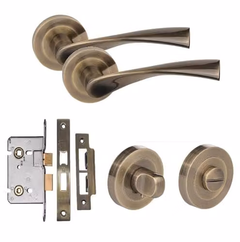Golden Grace Astrid Mortise Bathroom Door Handle Set with Rosette in Antique Brass and Gold