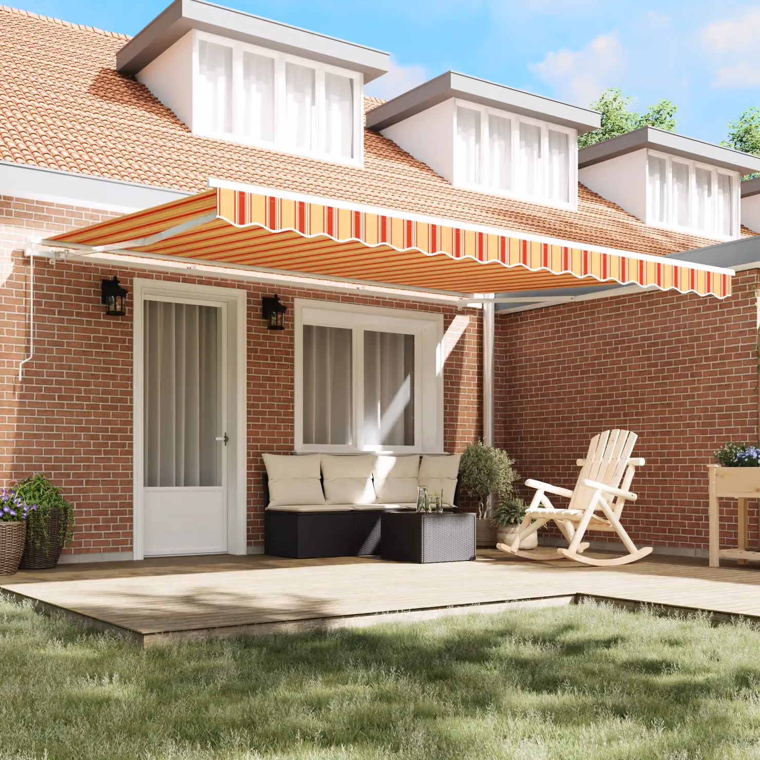 Berkfield Home Manual Retractable Wall-Mounted Awning in Yellow, Orange and Red Striped Polyester, W: 450 cm, D: 300 cm – 3