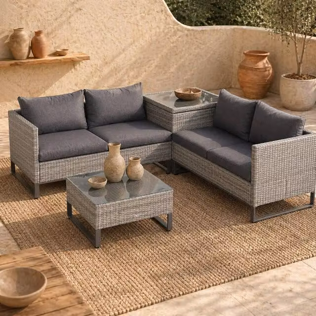 Wyld Haus Samilo 4 Seater Grey Rattan Garden Sofa Set with Glass Coffee Table and Storage