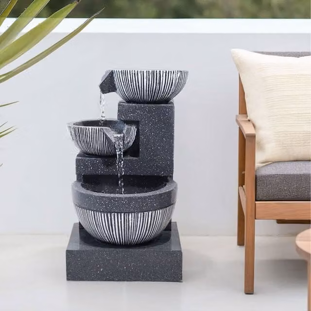 Lifeideas Grey Solar Cascading Bowls Outdoor Fountain, W/D/H: 46.5 x 28 x 28 cm