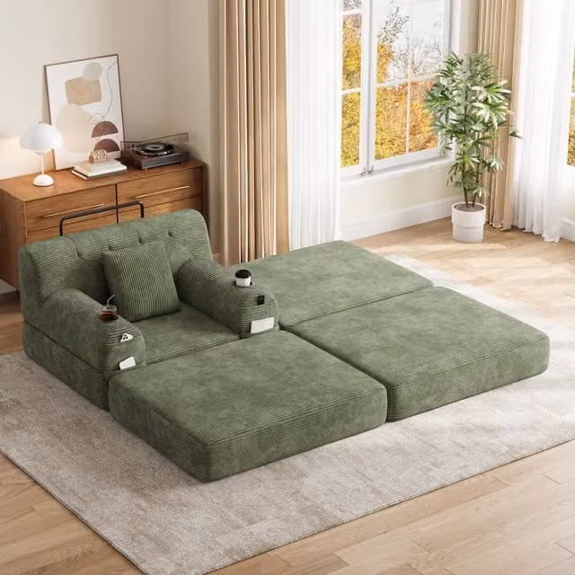 Aosom UK Green Corduroy Sleeper Chair with Ottoman and Metal Frame, Convertible 1-Seater Sofa Bed, W/D/H: 162 x 107 x 81 cm