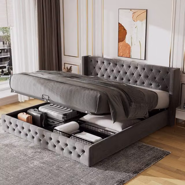 Matteo Grey Velvet Upholstered Bed with Hydraulic Lift-Up Storage, W: 150 cm, L: 200 cm