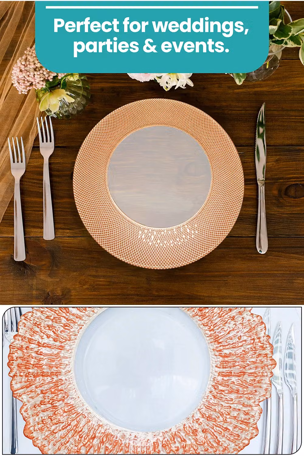 Neel Blue Checkered Design Glass Charger Plates in Blue and Rose Gold, Diameter: 33 cm – 2
