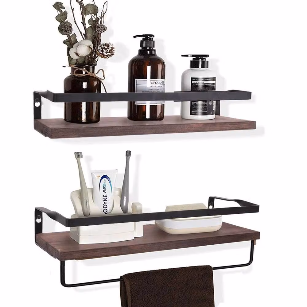 ERGOVEXA 2-Pack Brown Wood Floating Wall Shelf Rack with Towel Bar and Hooks for Kitchen or Bathroom – 3