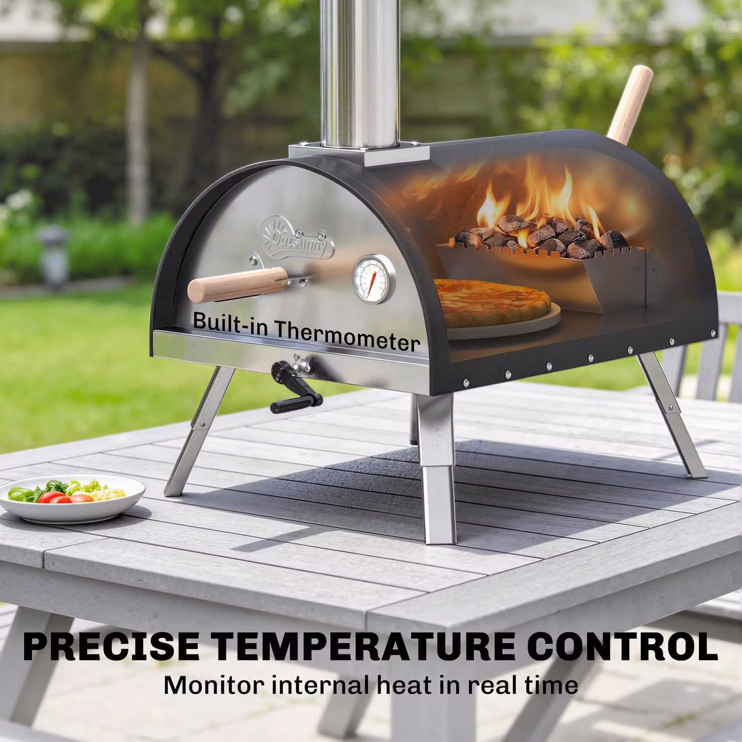 Outsunny Portable Pellet Wood Fired Outdoor Pizza Oven with 12 inch Rotating Stone, Stainless Steel Construction and Thermometer – 6