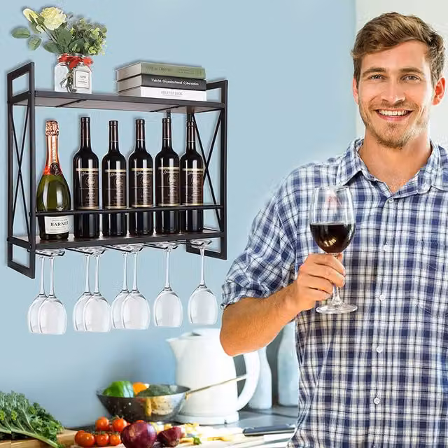 Livingandhome 2 Layer Wall Mounted Black Rustic Wine Rack with Stemware Hanger