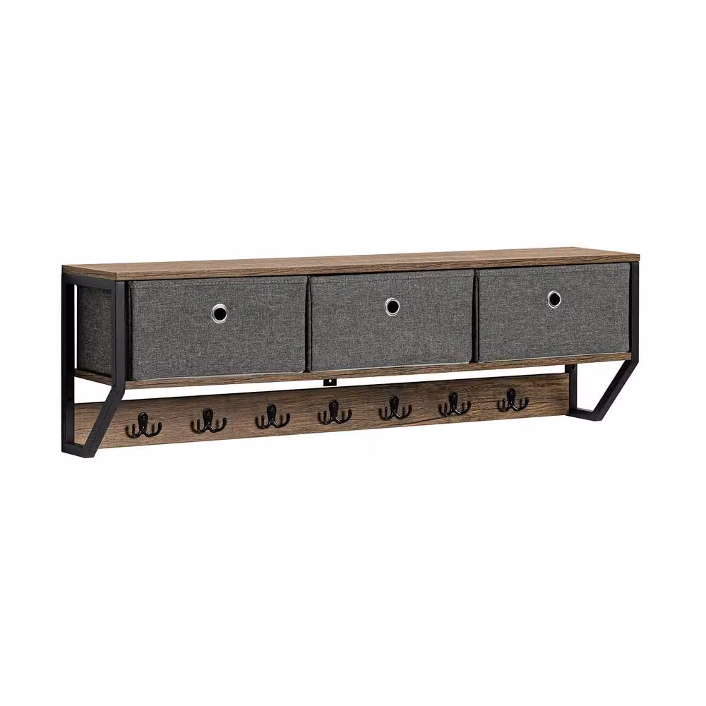 SoBuy Industrial Wall-Mounted Coat Rack with 7 Hooks and 3 Baskets in Dark Grey – 2