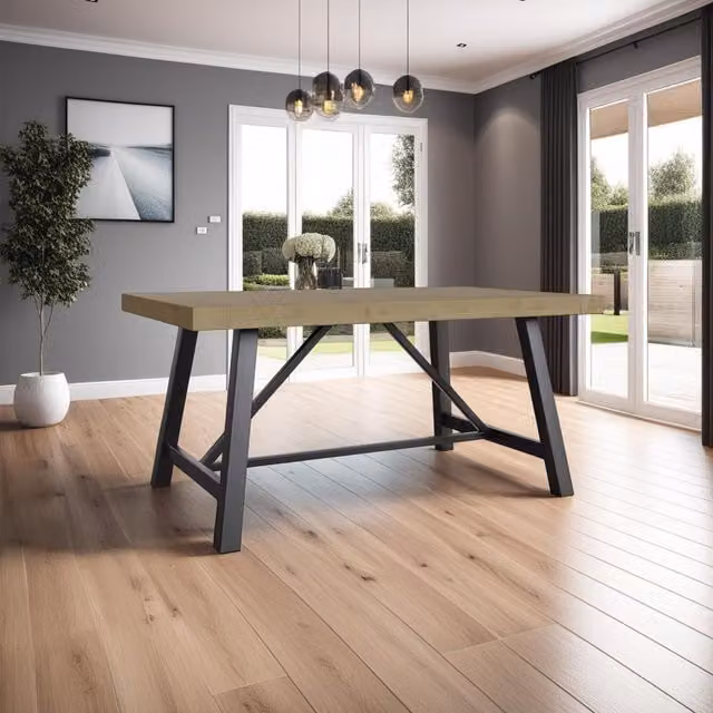 FWStyle Modern Rectangular Solid Pine Dining Table with X-Frame in Grey or Brown