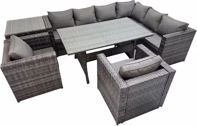 Fimous 8-Seater Rattan Patio Dining Set with Glass Top Table in Dark Grey