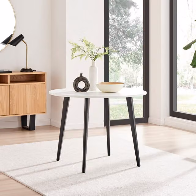 FurnitureboxUK Koko Modern Minimalist Round Kitchen Dining Table with White Melamine Top and Black Metal Legs