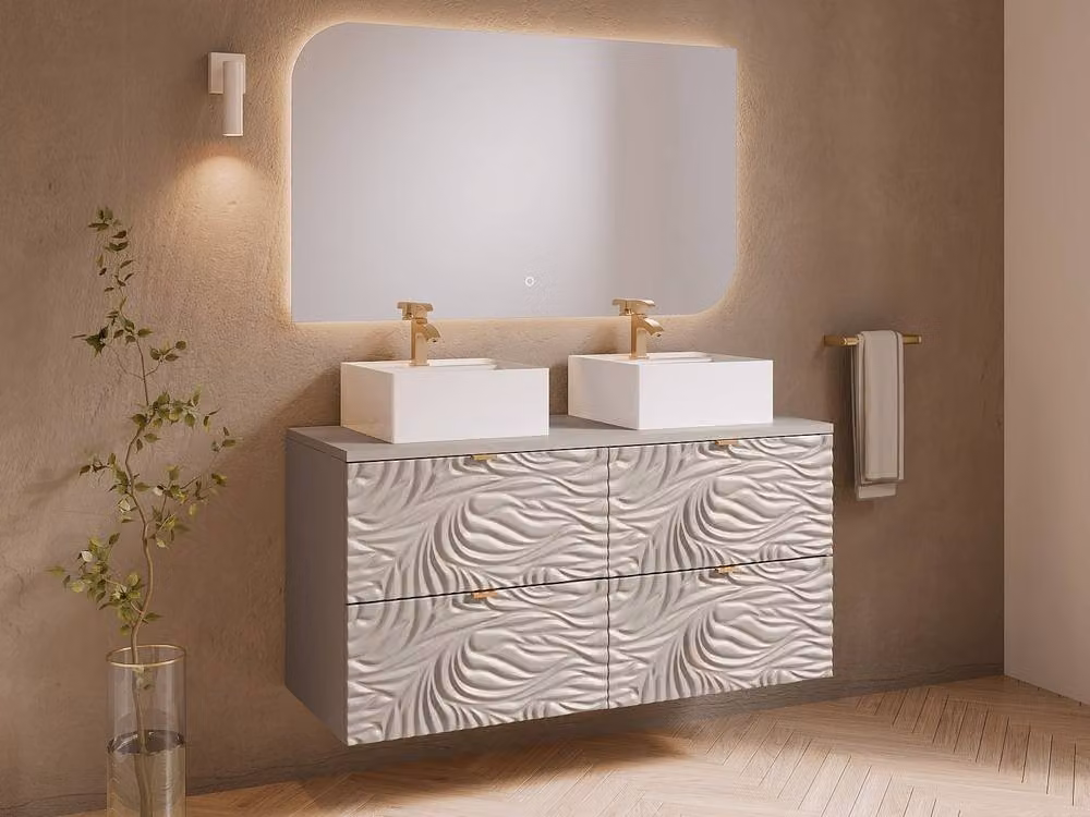 Vente-unique Textured Wall Mounted Bathroom Vanity Unit with Double Square Countertop in Beige and White – 2