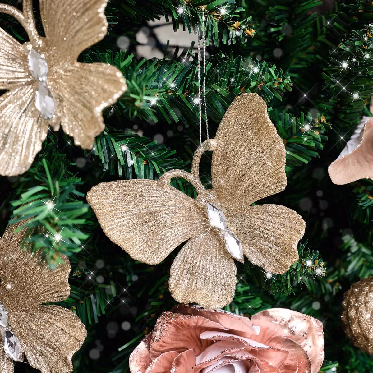 Melody Maison Set of 3 Champagne Gold Glitter Jewelled Butterfly Christmas Hanging Decorations, 10 cm – 4