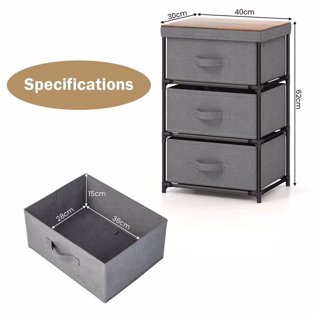 VOGREX 3-Tier Fabric Storage Chest of Drawers Nightstand in Grey – 2