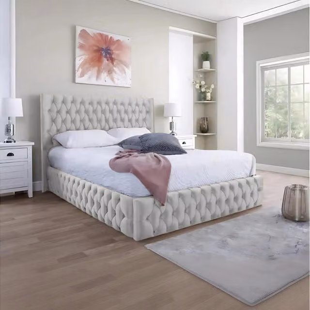 Desire Deco Marylebone Chesterfield Upholstered Velvet Bed Frame, Silver, W/D/H: 90 x 200 cm
