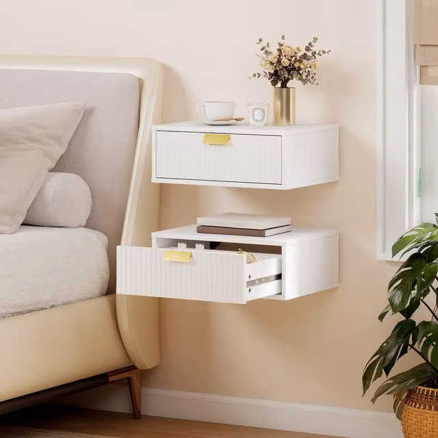 HOMCOM Set of 2 White Wall Mounted Floating Nightstands with Wave Drawers